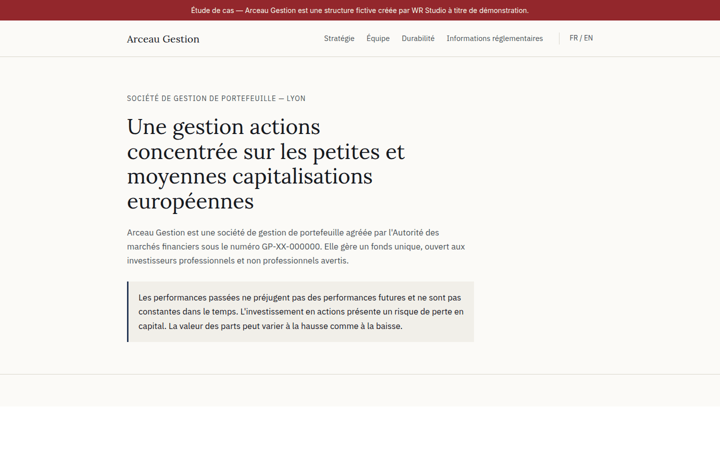 Page d'accueil de la démonstration Arceau Gestion, société de gestion de portefeuille
